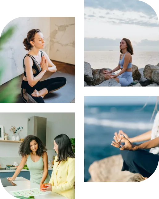 Collage: Meditation, Entspannung und Gespräch